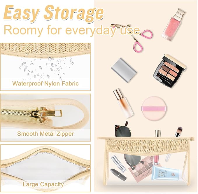 2 Pcs Boho Clear Makeup Bag Cosmetic Zipper Pouch Purse, Clear Toiletry Bags Travel Small Preppy Cute Chenille Letter Bag, Transparent Waterproof Clutch Make Up Organizer Storage Bag for Women Girls