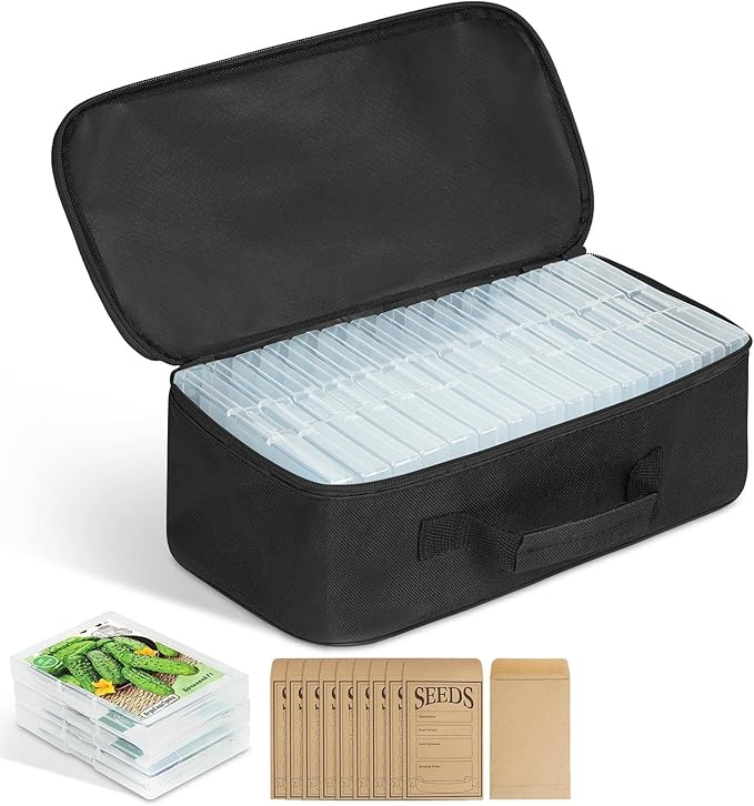 15 Slots Seed Storage Organizer Box with 20 Seed Envelopes, Large Capacity Seeds Storage Container with Zipper Bag Label Stickers, Seeds Saving Container for Garden Vegetable and Flower (Black)