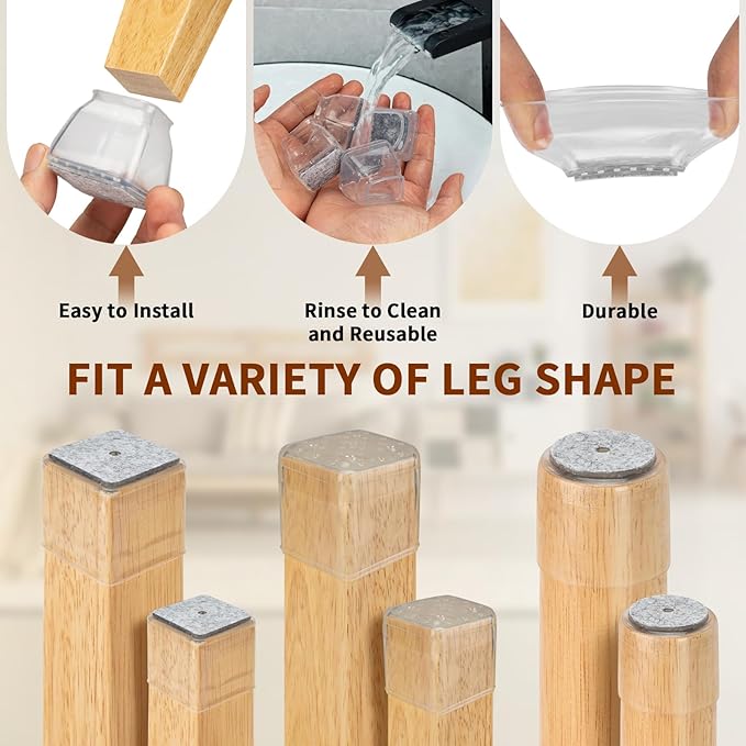 36Pcs Square Clear Chair Leg Floor Protectors, Silicone Chair Feet Caps to Protect Tile Floors, Felt Pads Furniture Leg Caps Covers from Scratches and Noise (Clear, Large Fit:1.03"-1.6")