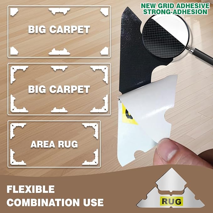 FLUOTINE 48 PCS Carpet Tape,Non Slip Carpet Pads for Area Rugs on Hardwood Floors,Laminate,Tile,LVP Floors,Reusable and Removable Rug Corner Pads with No Residue