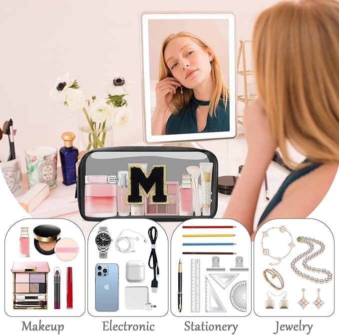 Personalized Initial Letter Clear Makeup Bag, Preppy Small Nylon & PVC Cosmetic Zipper Bag with Chenille Letter, Travel Skincare Toiletry Bag, Monogram Christmas Gift for Teen Girls Women, M