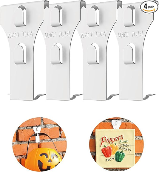 NACETURE Brick Hook Clips (4 Pack) – No-Drill Brick Hangers for 2.25"–2.40" Bricks, Require ≥1/8" Mortar Recess, Holds up to 25 lb – Outdoor Wreath & Light Clips