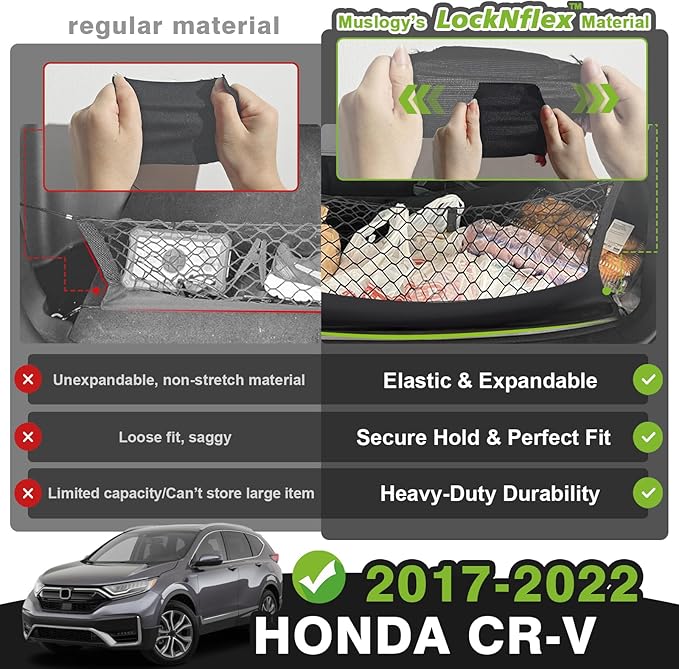 Muslogy Envelope Style Trunk Cargo Net Compatible with 2017-2022 Honda CR-V Accessories Custom Fit Trunk Organizer Upgraded Mesh Storage Luggage Net with Metal Hooks(NOT for Touring)
