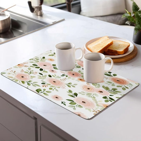 Watercolor Floral Dish Drying Mat for Kitchen Counter Microfiber Super Absorbent Non-Slip Dish Drying Pad for Countertops Dishes Utensils Stylish Quick-Dry Machine Washable 18x24 Inch