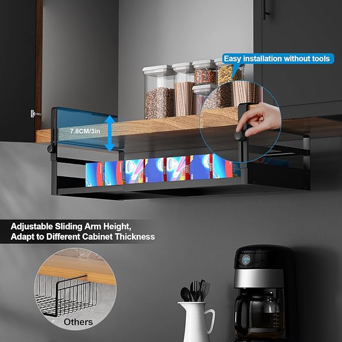 AmonHouseware 2Pack Under Shelf Basket Organizer, Adjustable Under Cabinet Shelf Storage, Hanging Holder Length Stretchable 13-21Inch for Kitchen Pantry Desk Counter Bookshelf Cupboard (Black)