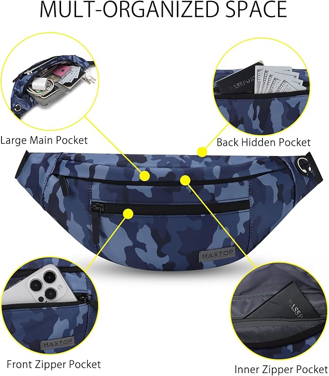 MAXTOP Large Crossbody Fanny Pack with 4-Zipper Pockets, Gifts for Enjoy Sports, Festival, Workout, Traveling, Running, Casual, Hands-Free, Wallets, Waist Pack, Phone Bag, Carrying All Phones