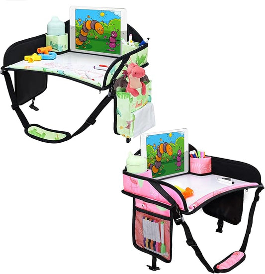 2PCS Kids Travel Tray, Car Seat Tray for kids Travel, Toddler Road Trip Essentials With Drawing Kit, Toddler Lap Desk Organizer for Car, Carseat Table for Airplane