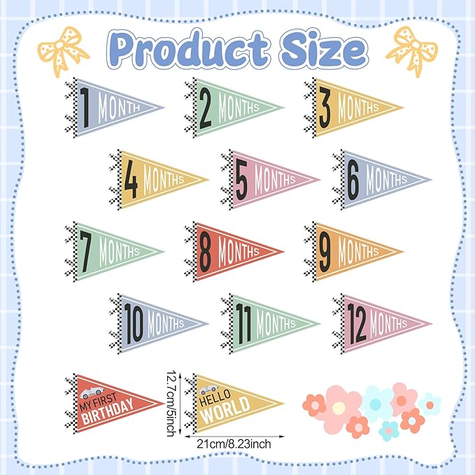 VitalCozy 14 Pcs Baby Milestone Pennant Signs Monthly Milestone Banner Flags Pennant Triangle Banner Age Flag Signs for Boy Girl Newborn Birthday Party Decor (Car)