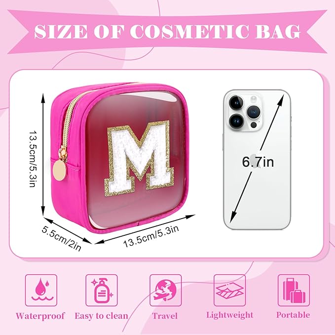 Personalized Initial Letter Clear Preppy Makeup Bag,Mini Nylon Chenille Letter Cosmetic Bag Cute Zipper Pouch Coin Purse for Teen Girls,Portable TSA Approved Travel Essentials Bag Gift for Women,M