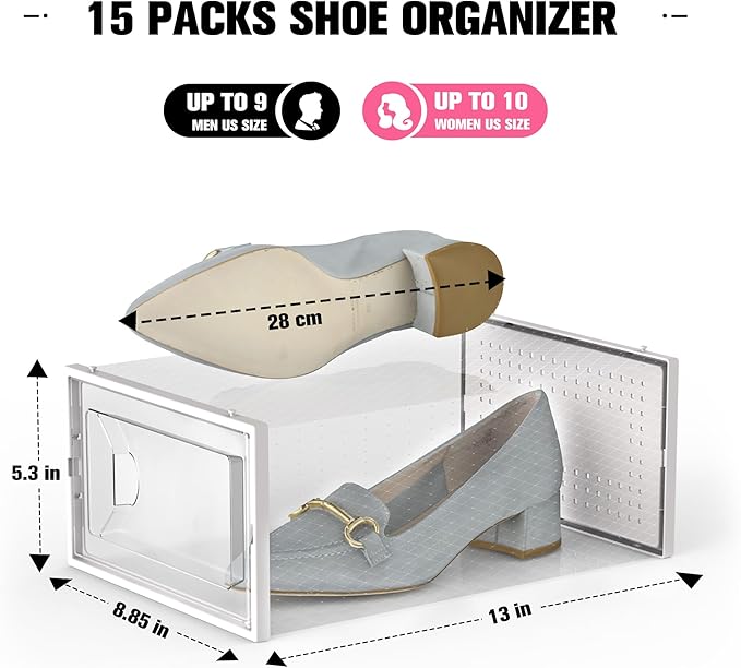Kuject 15 Pack Shoe Storage Boxes, Large Clear Plastic Stackable Shoe Organizer for Closet, Connect Left and Right Shoe Boxes Case Container Bin for Entryway, Drop Front, Fit for Size 10 (White)