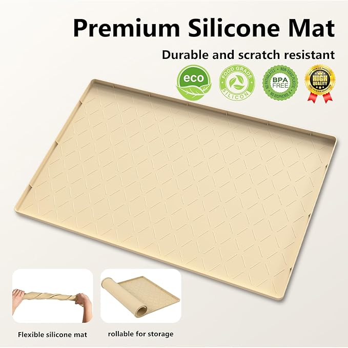 Mateeylife Under Sink Mats for Kitchen Waterproof 22"X19", Undersink Protectors，Silicone Mat Cabinet Liner, Under Sink Organizer for Bathroom and Kitchen，Boot Tray Pet Food Mat, Khaki