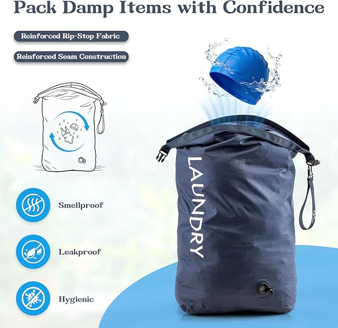 Travel Laundry Bag, Vacuum Compression Dirty Clothes Travel Bag, Waterproof Wet/Dry Space-Saving Laundry Storage Organizer, Smell Proof Storage Bag for Clothing, Swimming, Yoga, Gym, Camping
