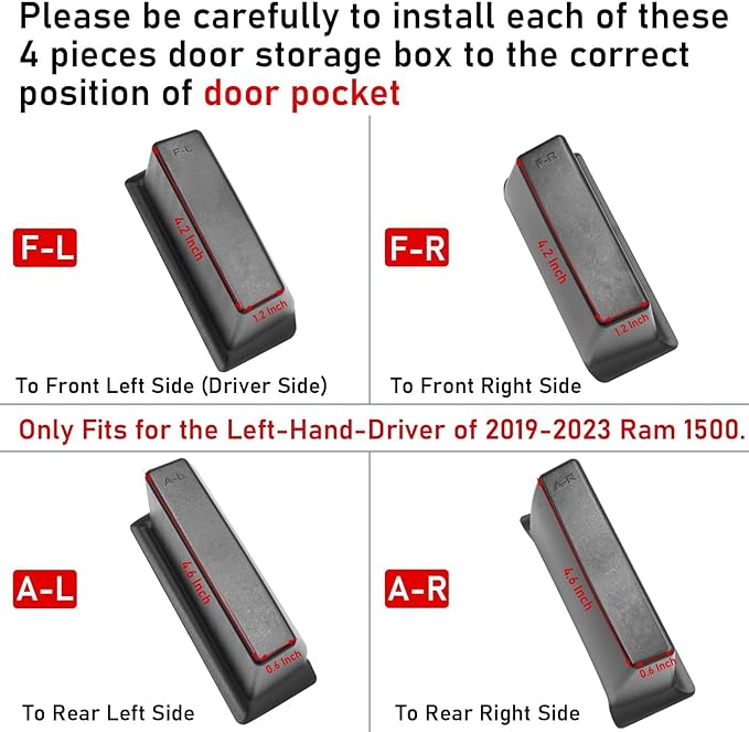 TTCR-II for Ram 1500 Door Side Organizer Tray 2019 2020 2021 2022 2023 2024 2025 2026, for Ram 1500 Door Pocket Insert 4 Pcs with White-Lines Mats (Does not fit 2500 3500)