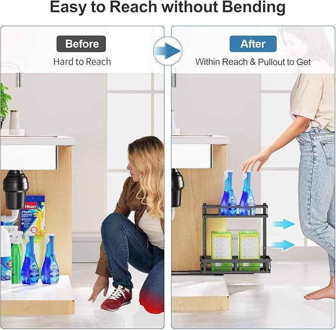 iSPECLE Under Kitchen Sink Organizer - 2 Pack Height Adjustable Pull Out Cabinet Organizer Fit Around Plumbing & Disposal, Heavy-Duty Undersink Storage Sliding Get Item for 30" - 36" Wide Sink Cabinet