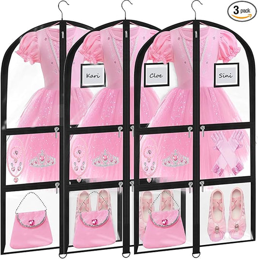 Garment Bags for Dance Costumes - 40 Inch Clear PVC with 5 Zipper Pockets (3 Pack) - Kids Dance Garment Bag for Dancers, Hanging Clothes Storage, Competitions & Travel (Clear Black)