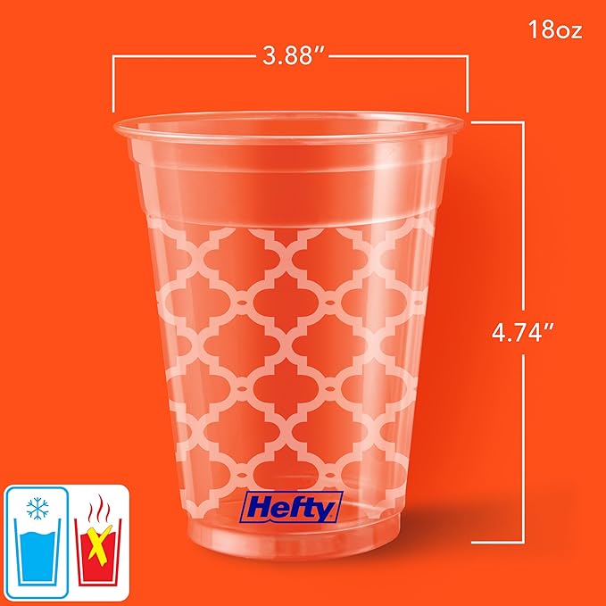 Hefty Party Perfect Printed Clear Plastic Cups, 18 Ounce, 20 Count