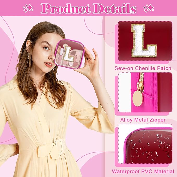 Personalized Initial Letter Clear Preppy Makeup Bag, Mini Nylon Chenille Letter Cosmetic Bag Cute Zipper Pouch Coin Purse for Teen Girls, Portable TSA Approved Travel Essentials Bag Gift for Women, L