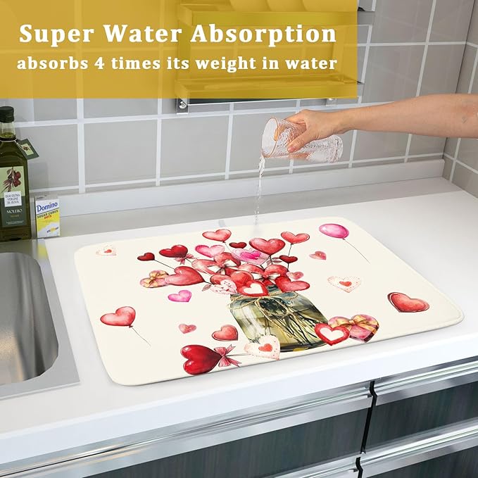 Valentine's Day Dish Drying Mat for Kitchen Counter,Red Love Canes Hearts Decorative Mason Jar Drying Mat 18 x 24 Inch with High Absorbent Microfiber Drainer Mat for Coffee Bar