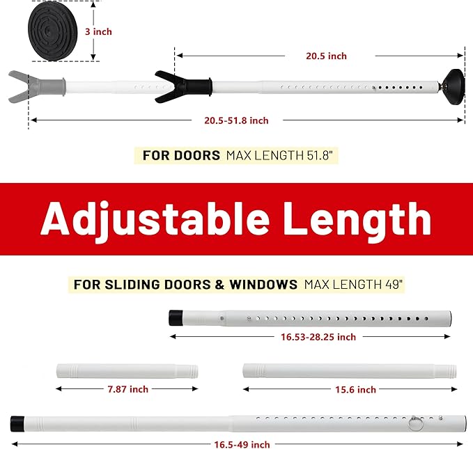 Door Stoppers Security Bar 2 Pack - Heavy Duty Door Jammer - Adjustable Sliding Door Lock Bar - Door Barricade Security Bars for Window, Front Door, Patio Door, Apartment, Home, Hotel Room