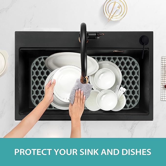 Sink Protectors for Kitchen Sink, Kitchen Sink Accessory - Silicone Mats Grid for Stainless Steel Strainer Bottom of Farmhouse Porcelain sinks (28”x14.4”, Rear Drain)