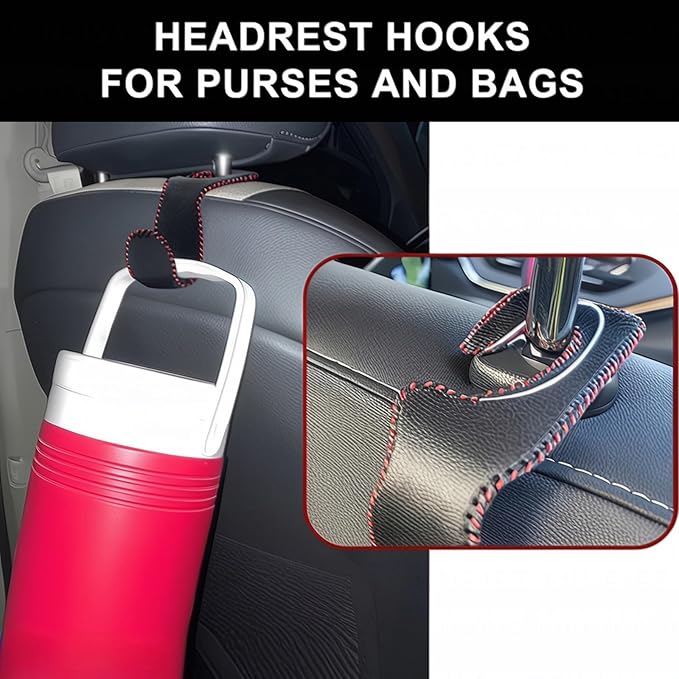 Car Seat Hooks for Purses and Bags, 4 Pack Car Purse Holder for Grocery Bag Handbag Clothes, Metal Headrest Hooks Covered by Leather, Black Red