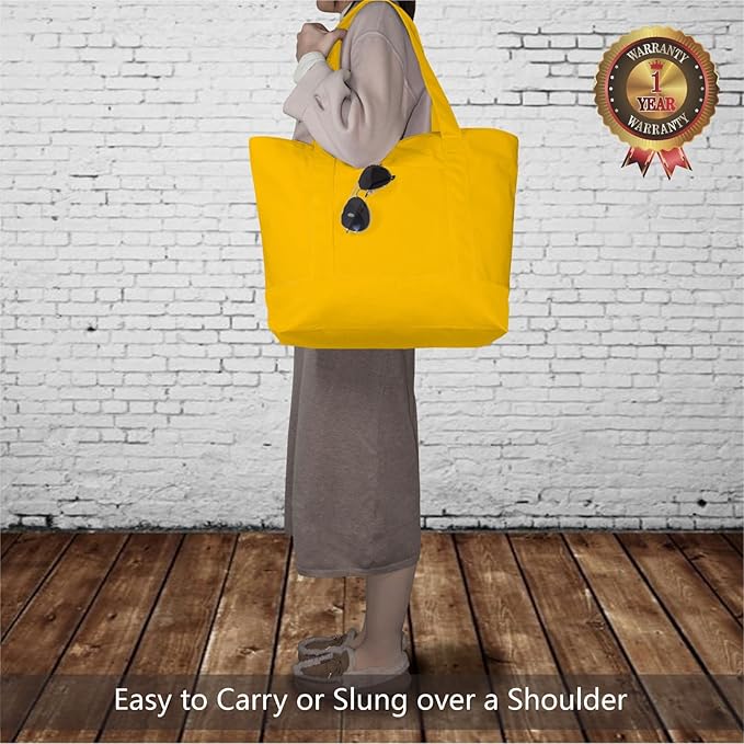 TOPDesign 3-Pack Canvas Tote Bags with an External Pocket, Reusable Grocery Shopping Bags, Top Zipper Closure, Daily Essentials (Yellow)