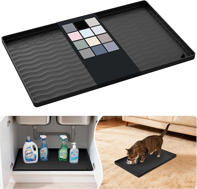 URMONA Waterproof Silicone Under Sink Mat 19'' x 12'' Shelf Liner for Kitchen and Bathroom, Cabinet and Counter Protector, Storage and Organizers, Litter Mat, Pet Cat Puppy Essentials(Black)