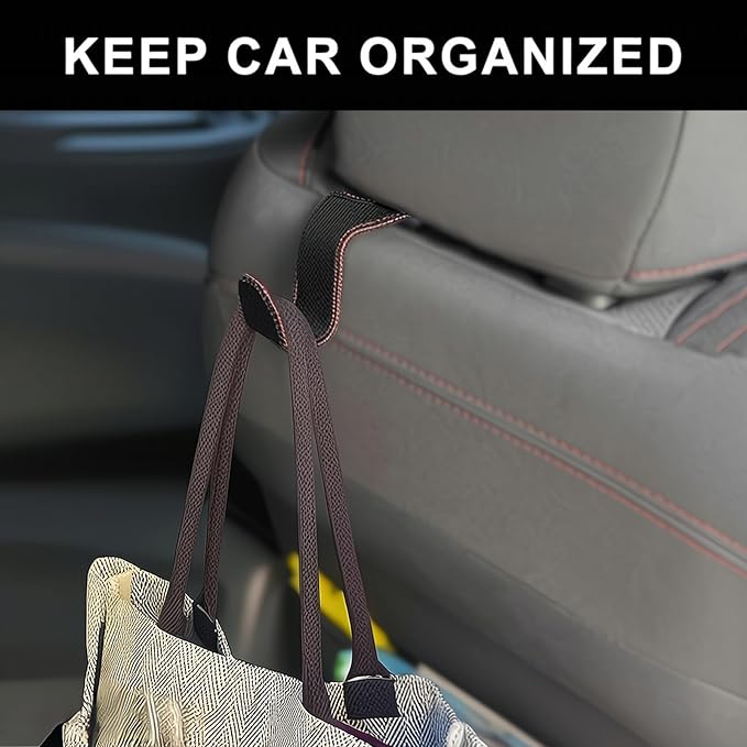 Car Seat Hooks for Purses and Bags, 4 Pack Car Purse Holder for Grocery Bag Handbag Clothes, Metal Headrest Hooks Covered by Leather, Black Red