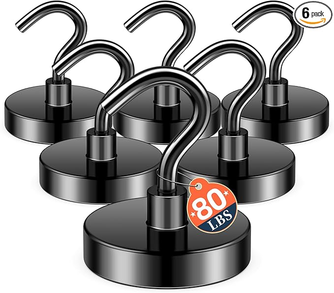 FINDMAG Black Magnetic Hooks, 80lbs Strong Cruise Magnets, Neodymium Magnets with Hooks Heavy Duty, N52 Magnetic Hooks for Cruise Cabins, Travel, Kitchen, Fridge, Camper, Tool, Garage, Pack of 6