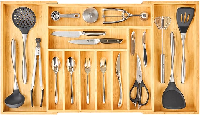 Umilife Extra Large Expandable Kitchen Silverware Utensils Drawer Organizer, 19" Deep for Big Drawer, Adjustable Bamboo Wood Drawer Divider with Curved Grooves, Cutlery Tray Flatware Holder
