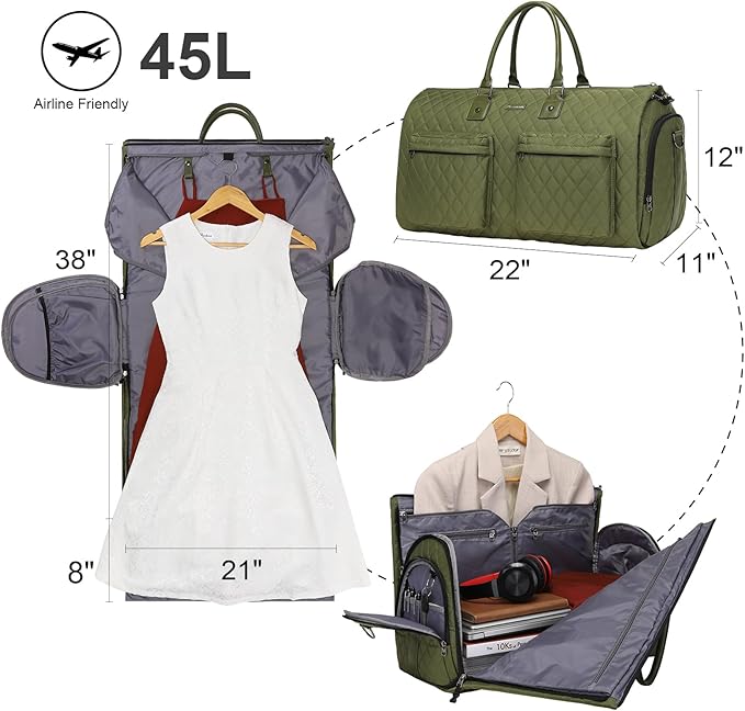 Womens Convertible Garment Bags for Travel, Modoker Waterproof Carry On Garment Bag Garment Duffel Bag - 2 in 1 Hanging Suitcase Suit Travel Luggage Bag, Green