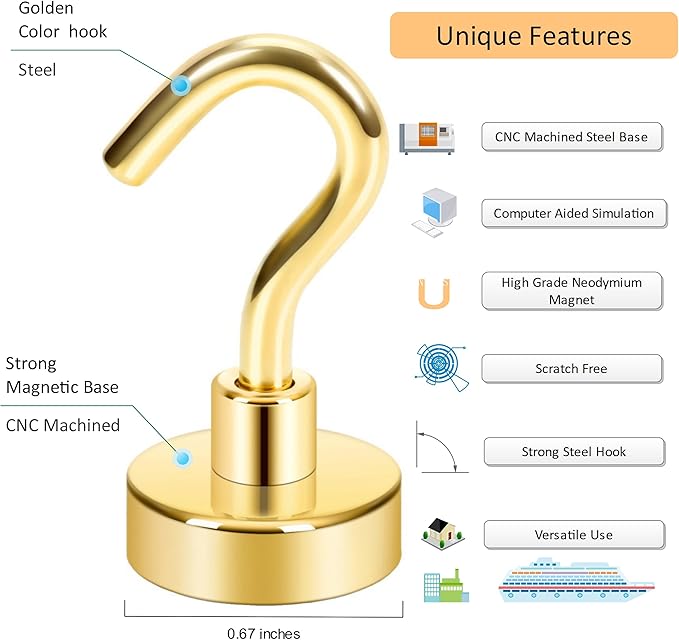 Neosmuk Magnetic Hooks, Cruise Ship Essentials, 30lb+ Heavy Duty Magnetic Hooks for Cruise Cabins, Refrigerator, Grill, Hanging, and Travel | Extra Strong Must-Haves Magnet Hook,Gold,5 Pack