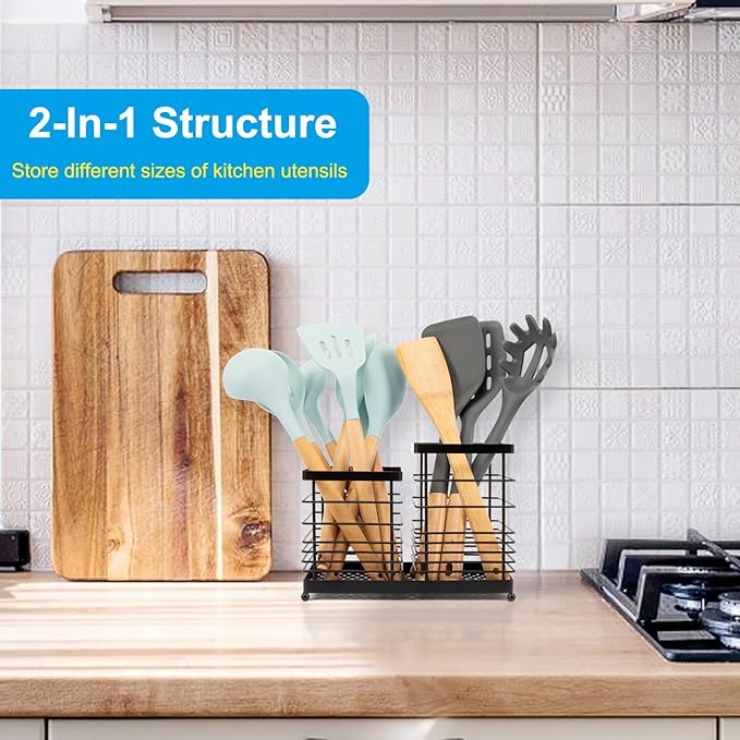 Utensil Holder for Countertop, Stainless Steel Kitchen Holder, 2-In-1 Spoon Spatula Holder for Kitchen Counter, Large Wire Utensils Organizer, Black Cooking Tool Holder Storage Crock (2 Compartment)