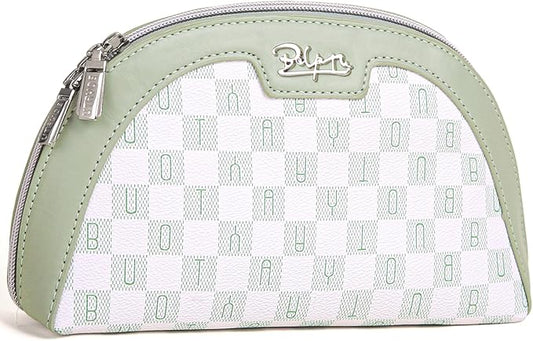 BOYATU Small Travel Makeup Bag for Women: Elegant Vegan Leather Cosmetic Pouch for Purse - Waterproof Toiletry Bag with Mirror (022-Green)