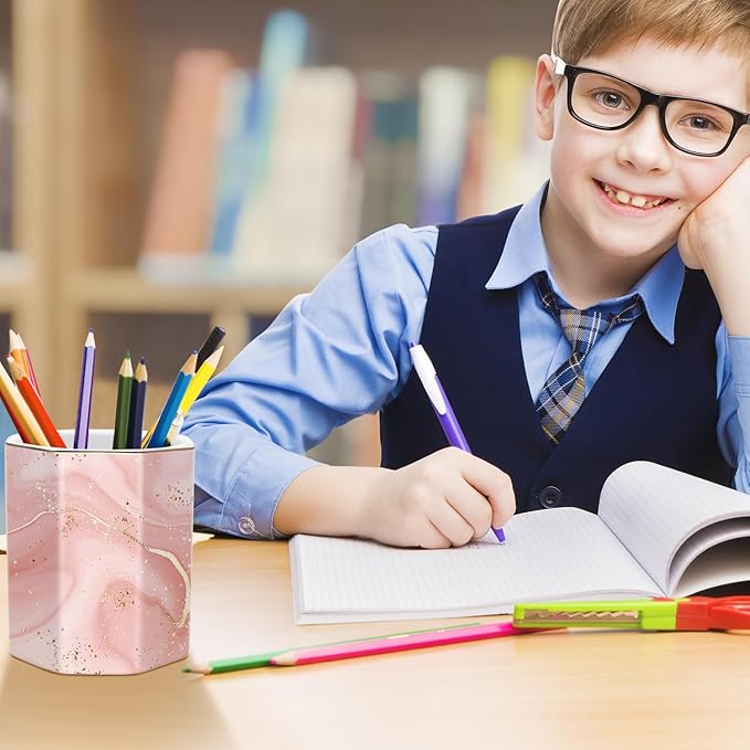 WAVEYU Cute Pen Holder for Desk, Ceramic Pencil Holder, Pen Cup Marker Holder Makeup Brush Holders, Desk Accessories & Workspace Organizers for Home, Office, Red Marble