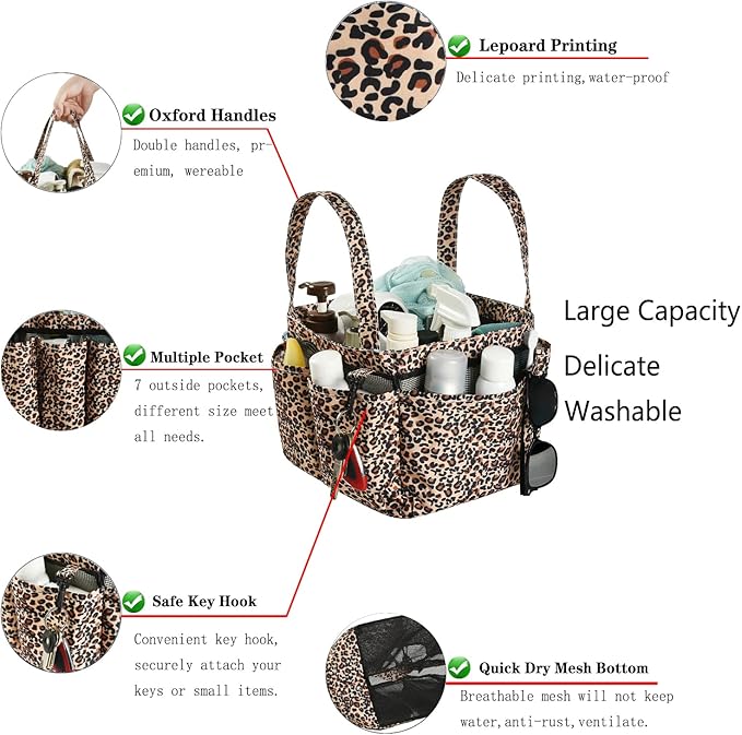 Haundry Mesh Shower Caddy Bag, Portable Basket Organizer with Key Hook for College Dorm Bathroom Camp Gym, Hanging Tote Bag with 8 Pockets, Leopard