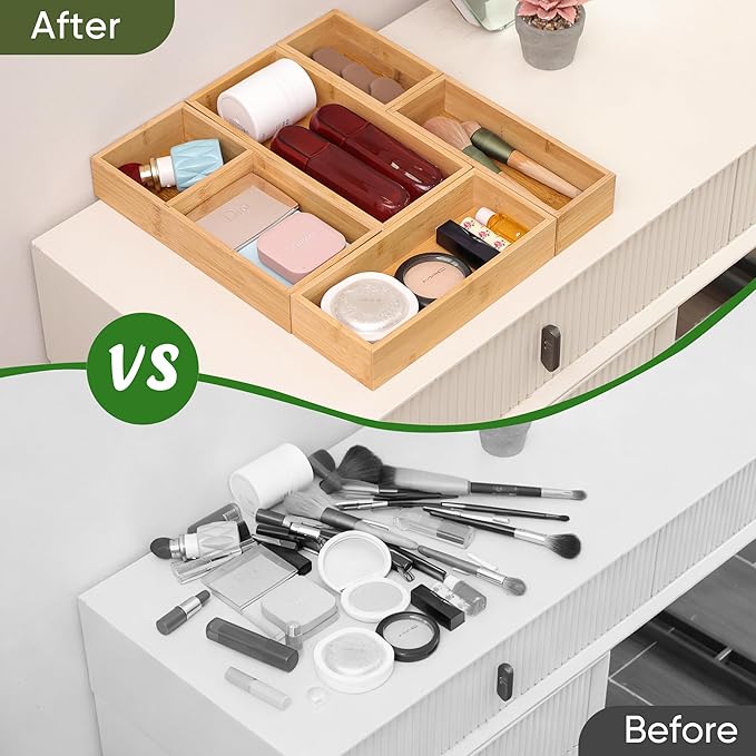 Bamboo Drawer Organizers Set with Removable Dividers, 5PCS Adjustable Multi-Use Wood Storage Organizers(5-9 Grids), Desk Drawer Tray for Bathroom, Office, Dresser, Storage Box for Jewelry, Makeup