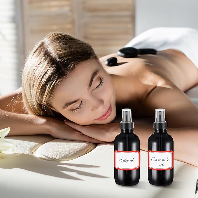 Fumete 2 Pack Glass Bottles 4oz Empty Refillable Liquid Containers with 1 Label 1 Funnel for Essential Oils Hair Travel Plants Cleaning Skin Care(Black, Black Top,Mist Bottle)