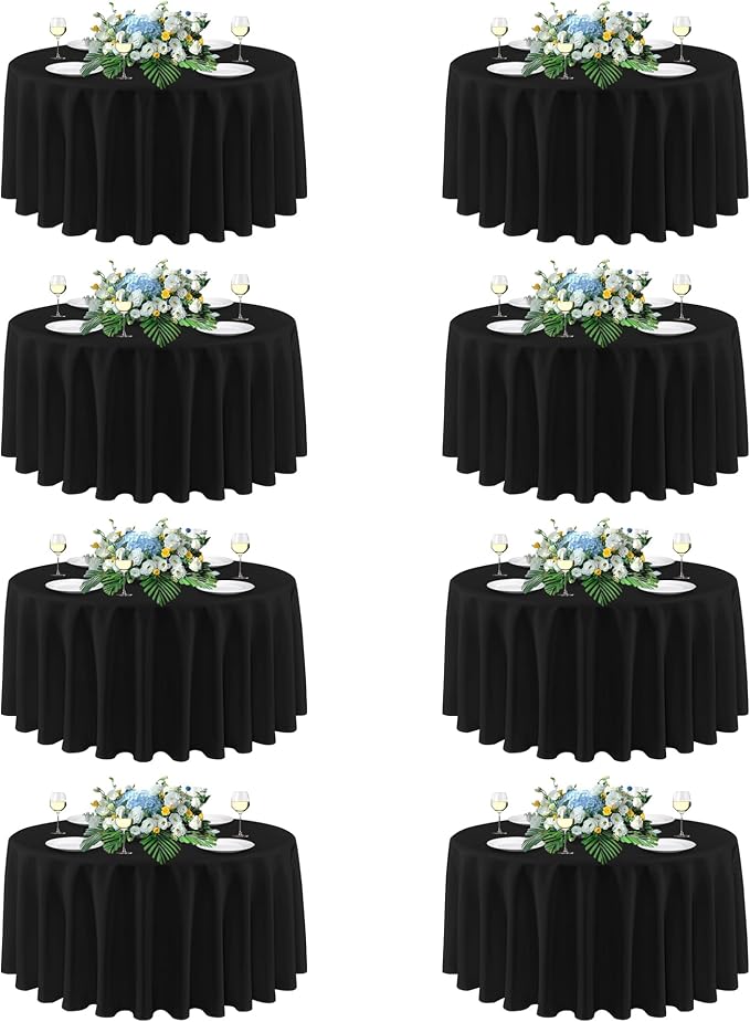 sancua Black Round Tablecloth 108 Inch Diameter, 8 Pack - Circle Polyester Fabric Table Cloth for Wedding Party Reception Banquet Birthday, Washable Formal Table Cover (Fit 42-96 Inch Tables)