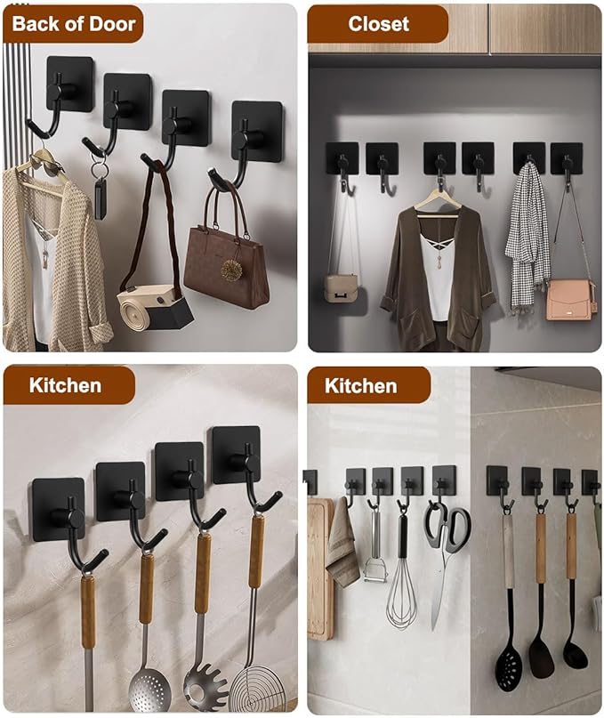 Sticky Hooks for Hanging, 6-Pack Adhesive Wall Hooks No Drilling Stainless Steel Towel Hook for Walls No Damage, Self Adhesive Hook for Bathroom Kitchen Office, Black