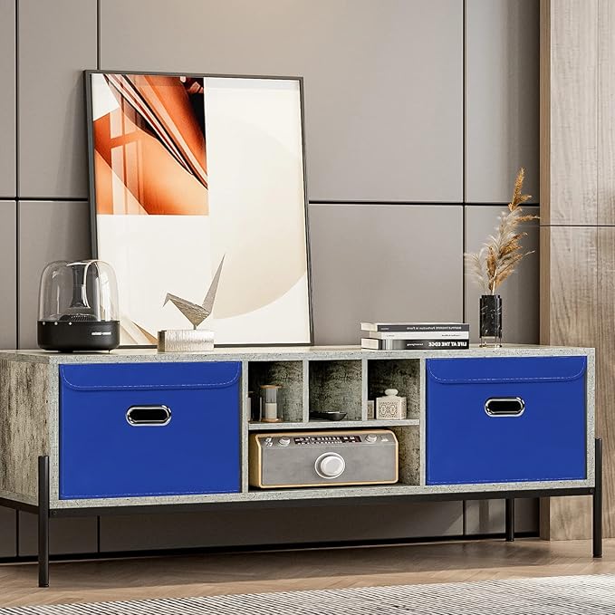 Linen Fabric Foldable Collapsible Storage Cube Bin Organizer Basket Fabric Storage Bins with Lid, Leather Handles, Removable Divider for Home, Closet, Dark Blue 3Pcs