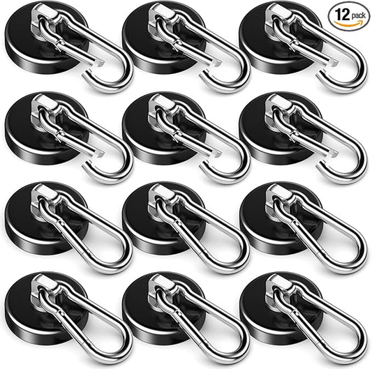 FINDMAG Strong Magnetic Hooks, 100LBS Neodymium Magnet with Swivel Carabiner Hook, Cruise Ship Essentials, Heavy Duty Magnetic Hooks for Hanging, Garage, Kitchen, Grill, Office -12 Pack