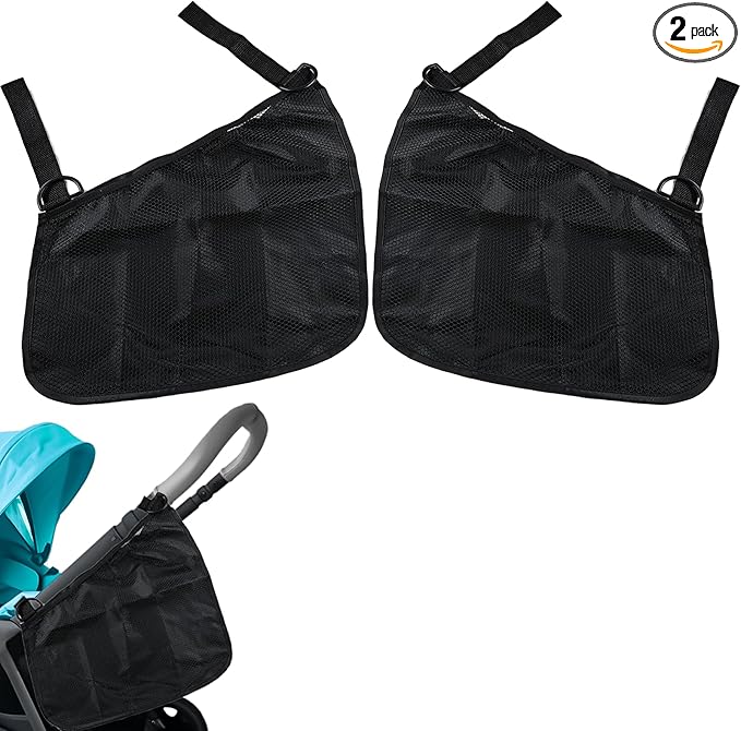 2 Pack Universal Side Sling Stroller Organizer with Mesh Cargo Net, Adjustable and Non-Slip Stroller Storage Bags, Portable Side Sling Stroller Cargo Net for Baby Accessories (Black)