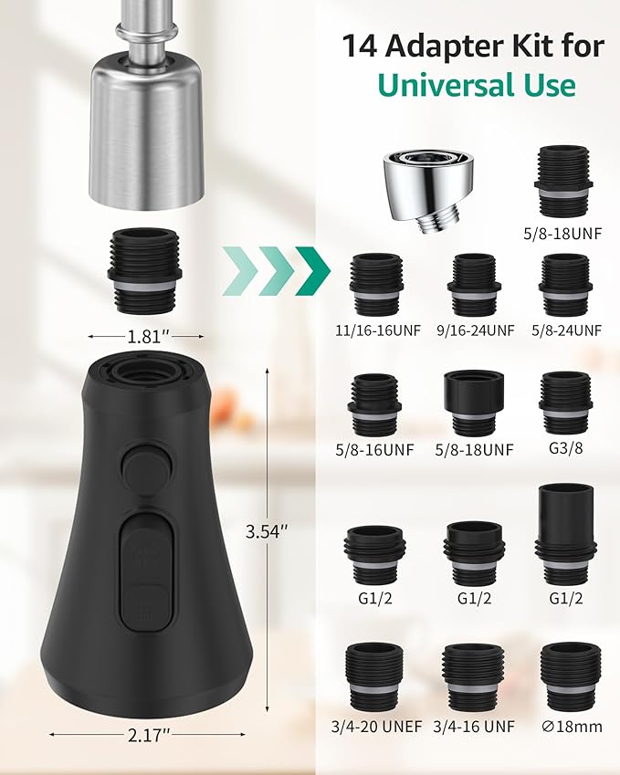 Mbillion Universal Matte Black Kitchen Faucet Spray Head Replacement, 3 Function ABS Sink Faucet Head, Pull-Down Nozzle with 14 Adapters, Compatible with Moen, Delta, Kohler, WEWE American Standard