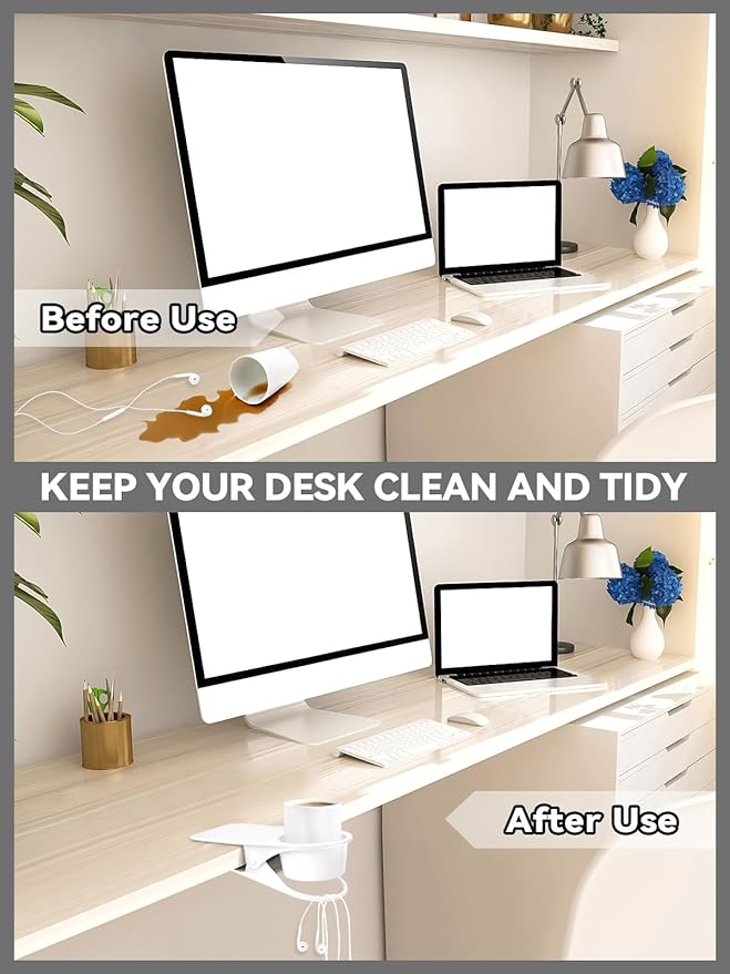 3PCS Drinking Cup Holder Clip, Kalolary Chair Desk Bottle Cup Stand DIY Glass Clamp Storage Saucer Clip for Potted Plant Beverage Soda Coffee Mug Holder Clip for Home & Office (White)