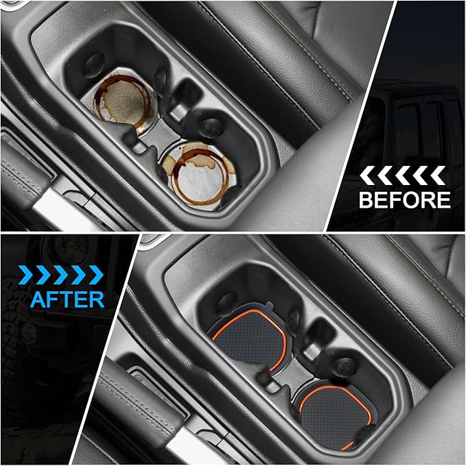 Cup Holder Coaster for Wrangler JL JLU 2018-2025 2026 Wrangler Accessories Gladiator JT 2020-2026 Silicone Cup Inserts Interior Mats Pad (Orange Trim, 4-pcs Set, for Deep Rear Cup Holders)