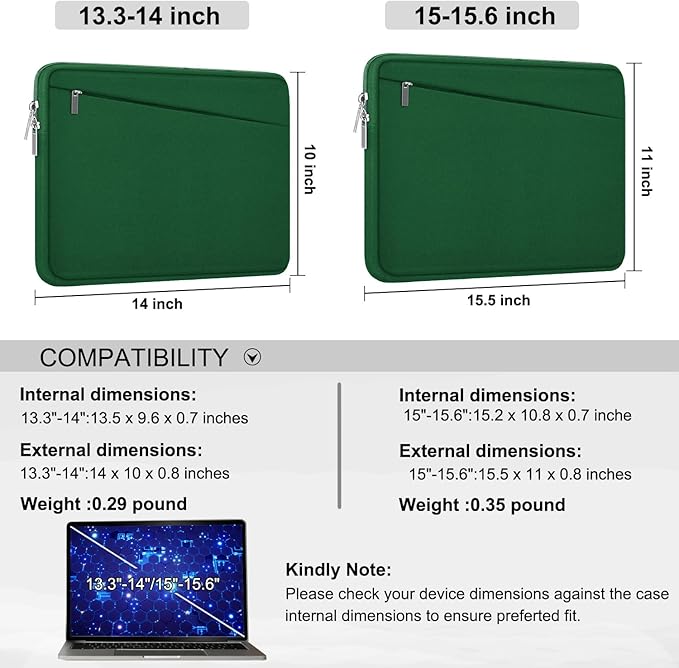 15.6 inch Laptop Sleeve, Durable Carrying Bag Protective Case Briefcase Handbag with Front Pocket, Slim Computer Cover for 15-16 Inch HP, Dell, Lenovo, Asus, Notebook, Dark Green