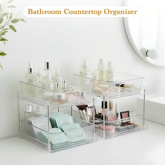 2 Pack Bathroom Organizers and Storage, 2-Tier Clear Under Sink Organizer, Vanity Countertop Organizer, Medicine Cabinet Organizer, Pull-Out Cabinet Organizer with Track For Bathroom, Kitchen, Pantry