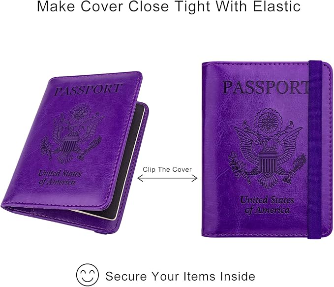 WALNEW Passport Holder for Travel, RFID Passport Cover Wallet for Women Men, PU Leather Passport Book Card Holder Case with Pen (Elastic Band Closure, A-Purple)