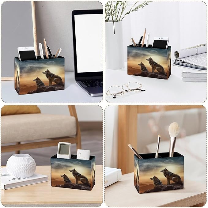 Famame Wolf Desert Pencil Holder for Desk, Leather Desktop Container Pen Cup Storage Study Table Pen Organizer Makeup Brush Holder for Classroom Office Home